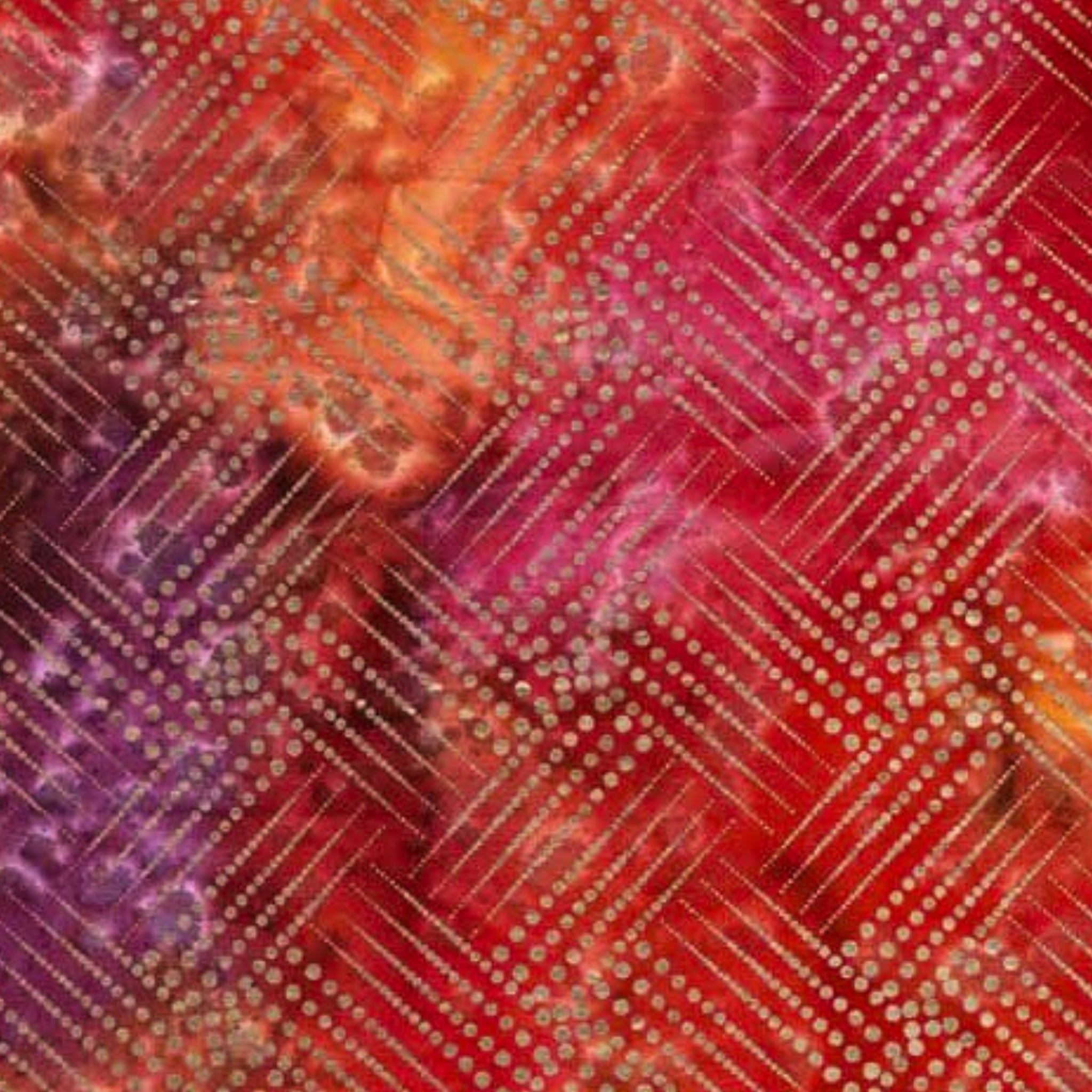 Gold metallic diagonal grid diamond pattern on pink orange purple ombré fabric for elegant quilts and patchwork sewing projects