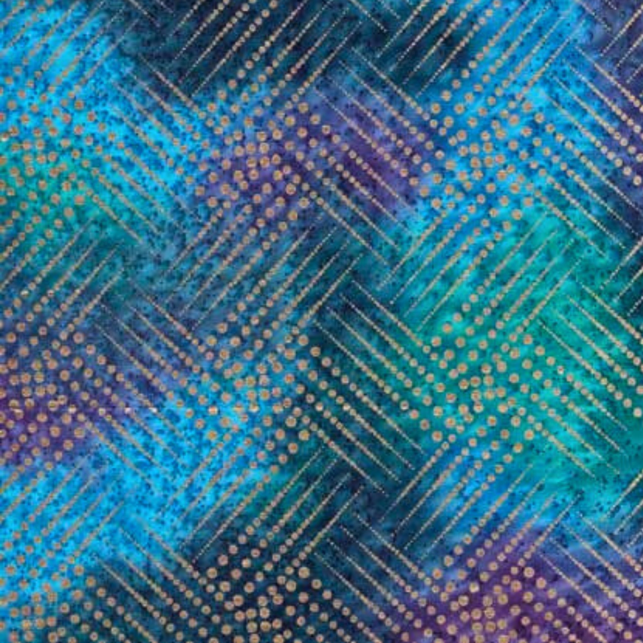 Gold metallic diagonal grid diamond pattern on purple turquoise teal ombré fabric for elegant quilts and patchwork sewing projects
