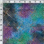 Gold metallic diagonal grid pattern on purple turquoise teal ombré fabric for elegant quilts and patchwork sewing projects