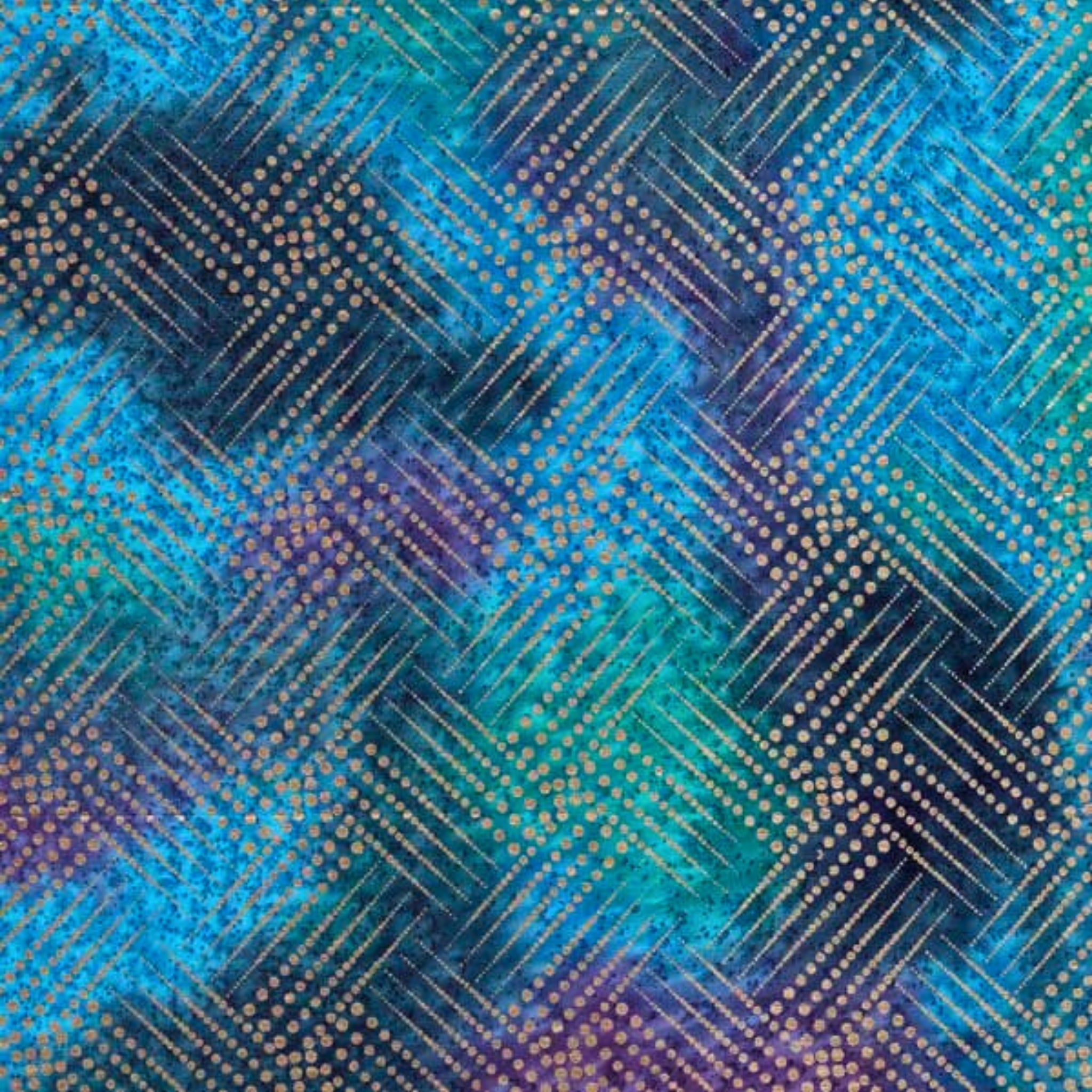Gold metallic grid diamond pattern on purple turquoise teal ombré fabric for elegant quilts and patchwork sewing projects