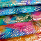 Gold Mine metallic ombre geometric blender fabric collection in rainbow pink blue colourways for quilts patchwork projects