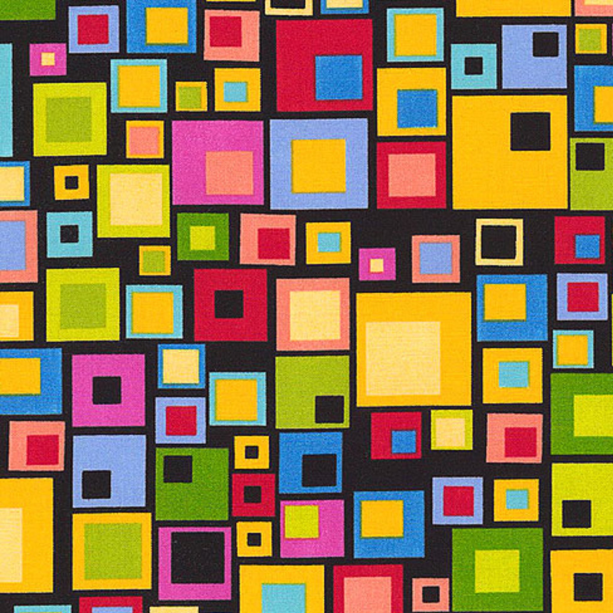 Rainbow nested squares geo multi-colour black fabric for quilts bags accessories and patchwork sewing projects Loralie Harris Designs