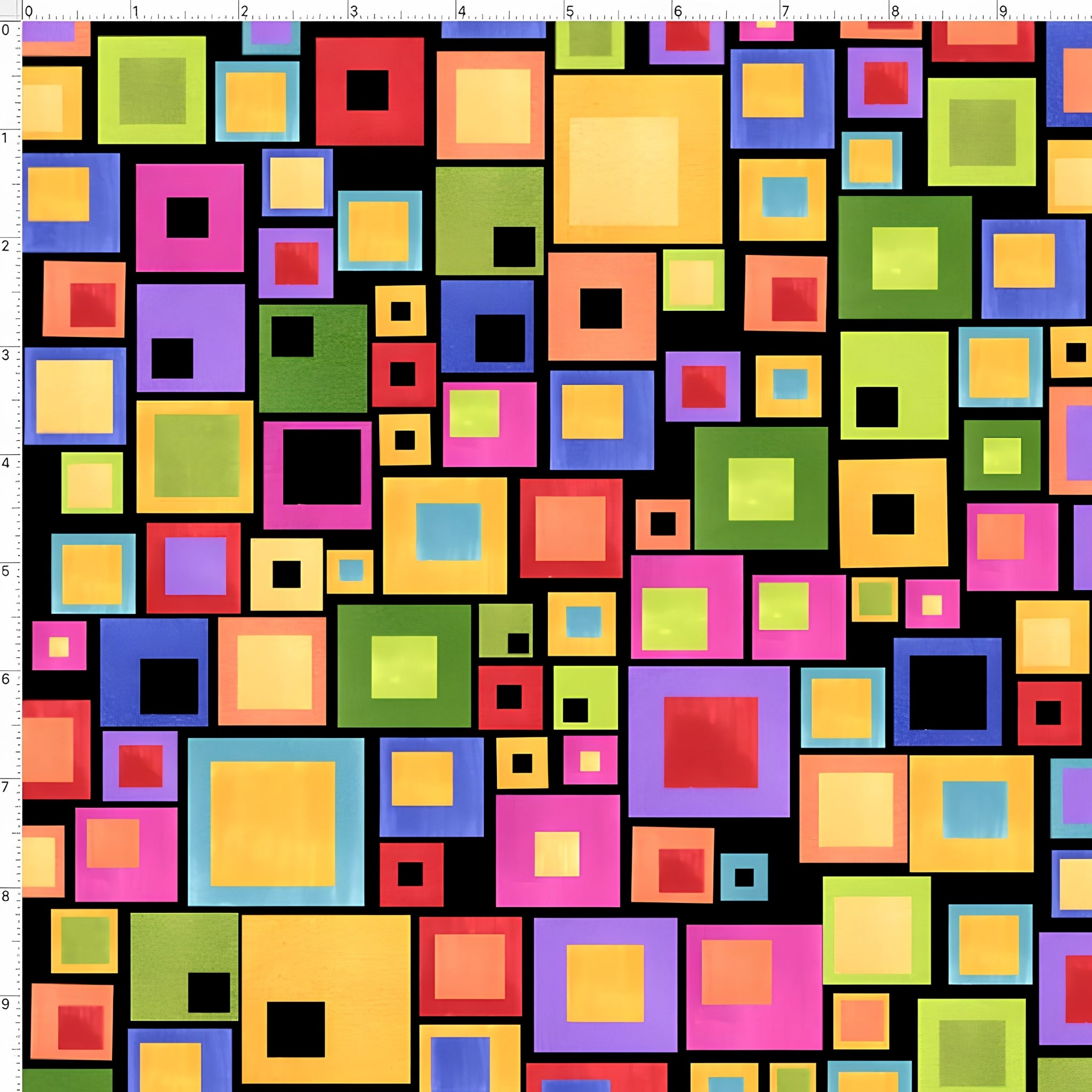 Rainbow nested squares geo multi-colour black fabric for quilts bags accessories and patchwork sewing projects Loralie Harris Designs