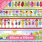 Novelty golf border stripe sky blue with golf ladies bags course scenes and golf clubs fabric for golf quilts bags and golfer gifts Loralie Harris Designs