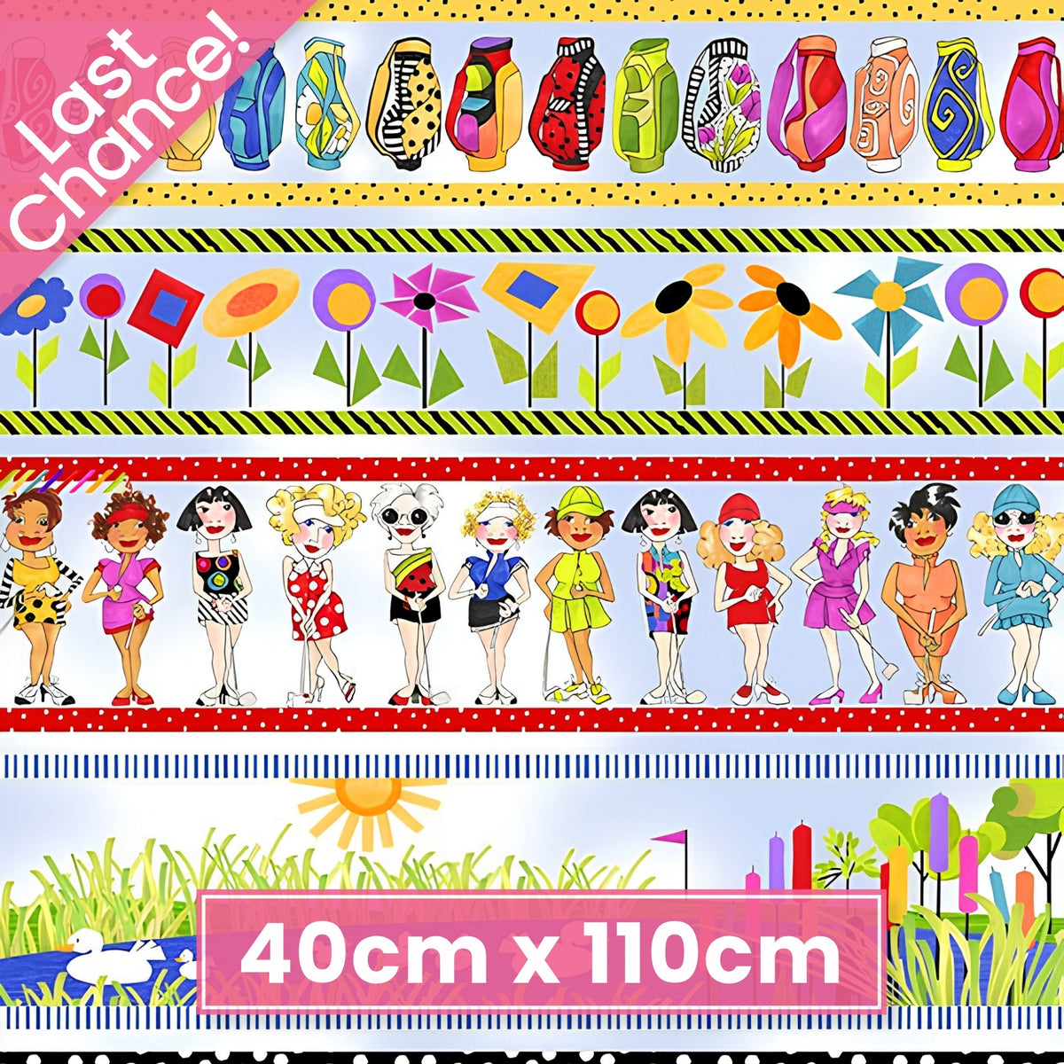 Novelty golf border stripe sky blue with golf ladies bags course scenes and golf clubs fabric for golf quilts bags and golfer gifts Loralie Harris Designs