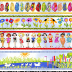 Novelty golf border stripe sky blue with golf ladies bags course scenes and golf clubs fabric for golf quilts bags and golfer gifts Loralie Harris Designs