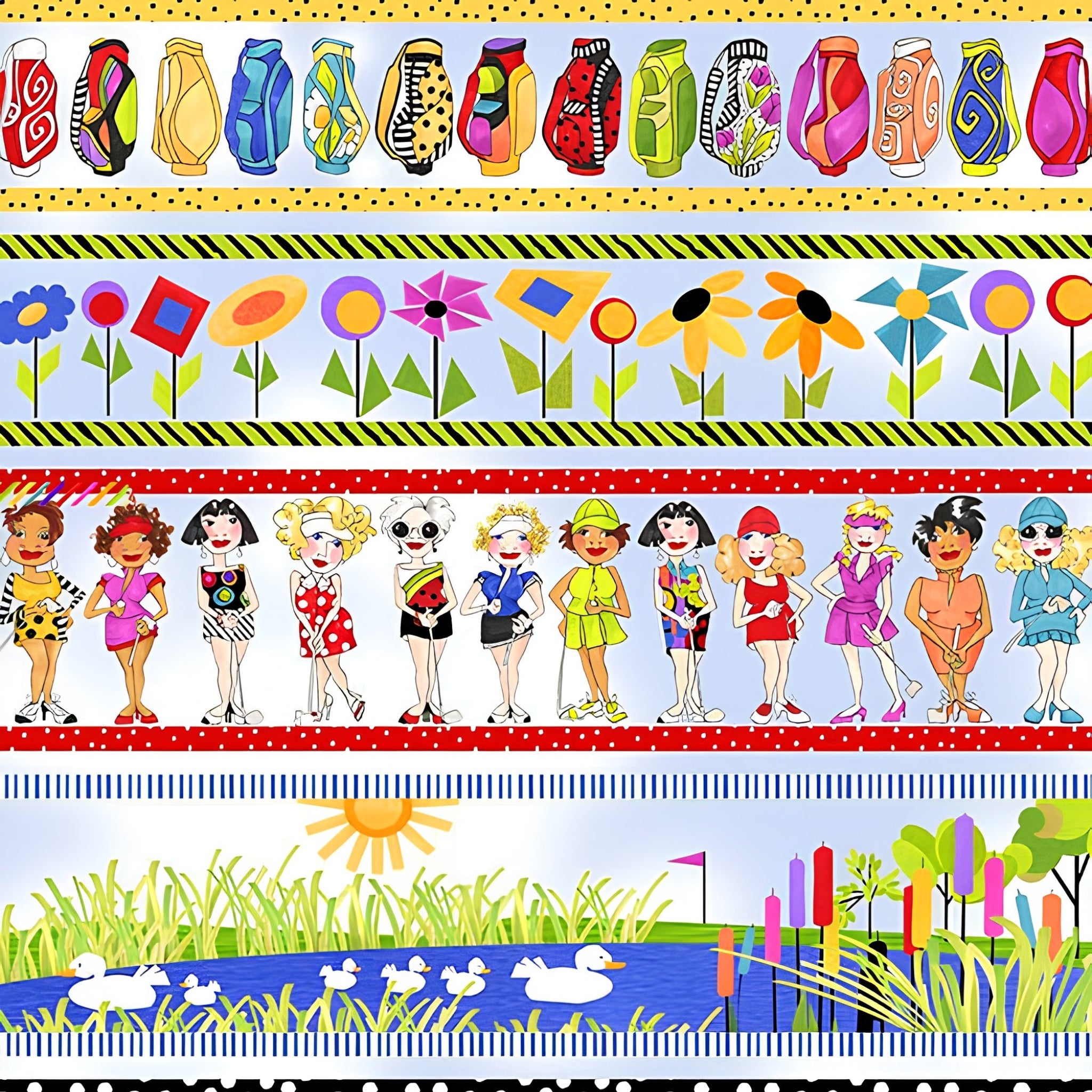 Novelty golf border stripe sky blue with golf ladies bags course scenes and golf clubs fabric for golf quilts bags and golfer gifts Loralie Harris Designs
