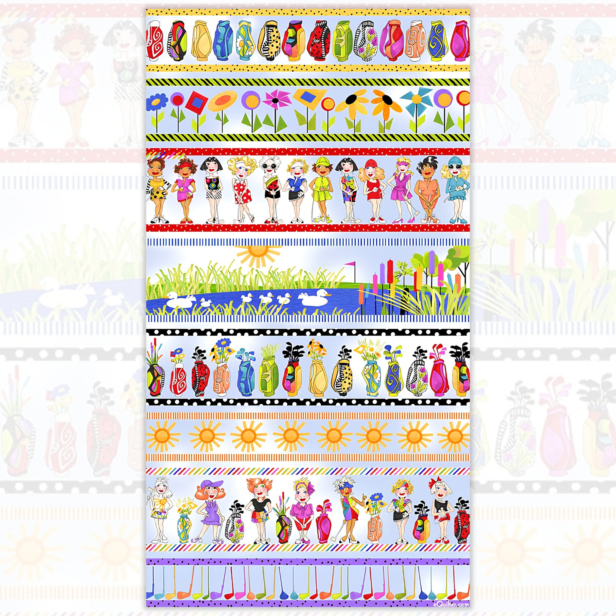 Novelty golf border stripe sky blue with golf ladies bags course scenes and golf clubs fabric for golf quilts bags and golfer gifts Loralie Harris Designs