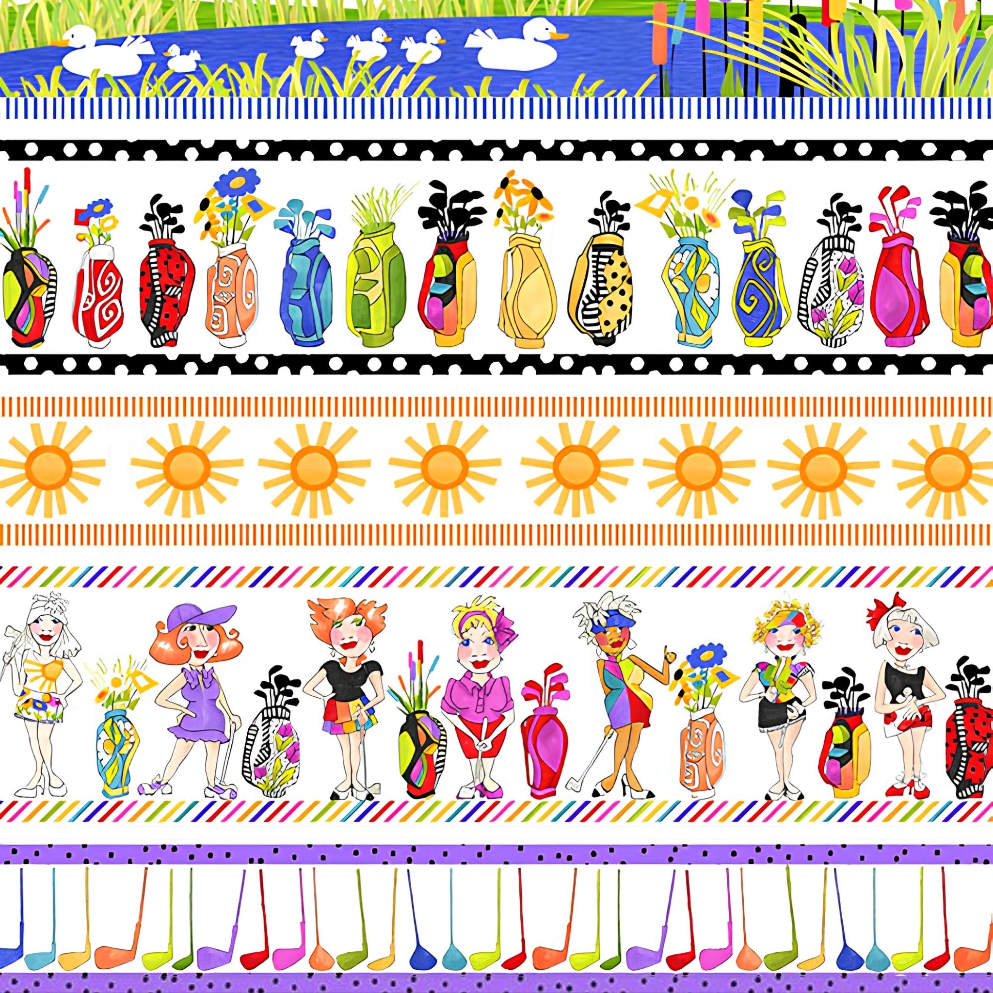 Novelty golf border stripe white with golf ladies bags course scenes and golf clubs fabric for golf quilts bags and golfer gifts Loralie Harris Design