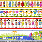 Novelty golf border stripe white with golf ladies bags course scenes and golf clubs fabric for golf quilts bags and golfer gifts Loralie Harris Design