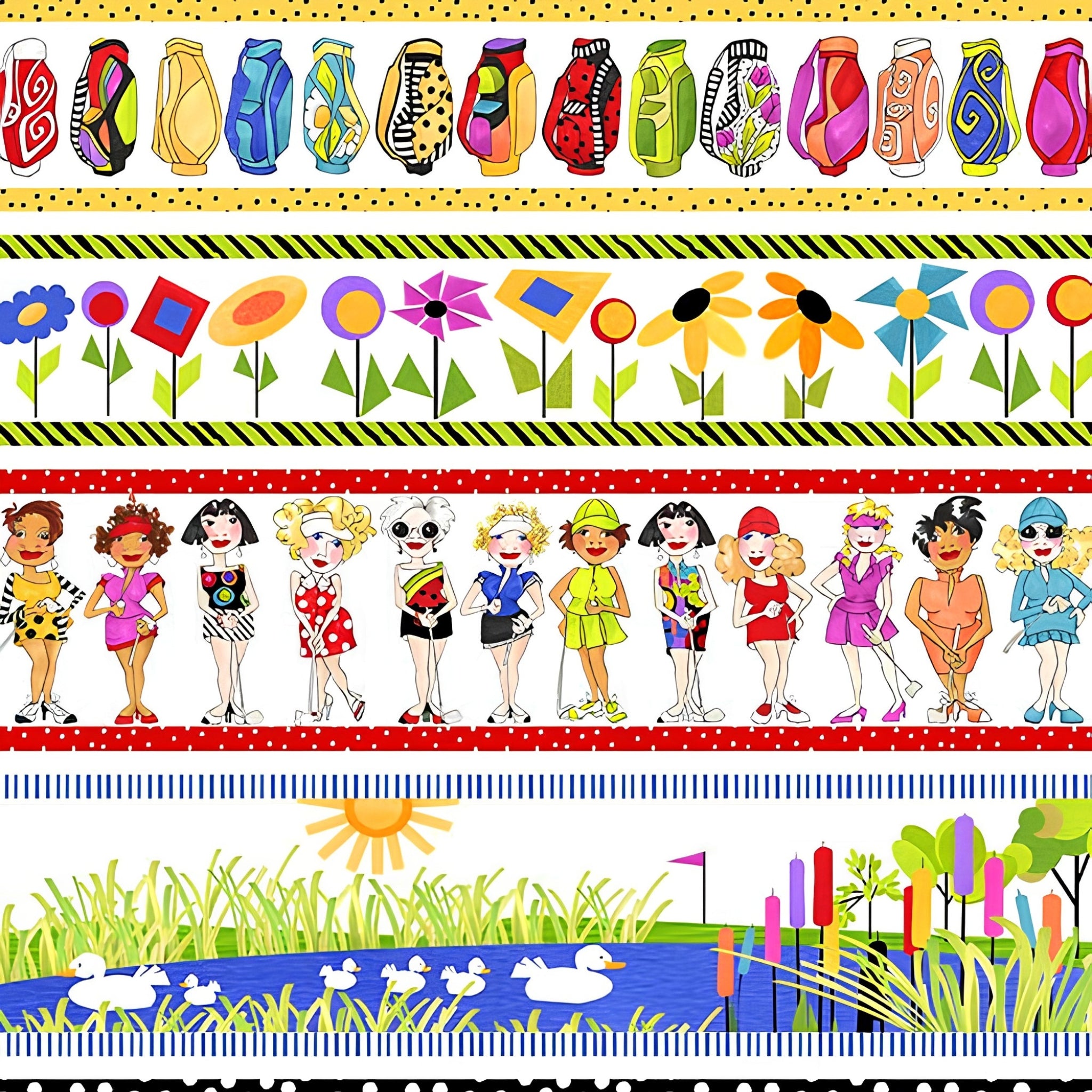 Novelty golf border stripe white with golf ladies bags course scenes and golf clubs fabric for golf quilts bags and golfer gifts Loralie Harris Design
