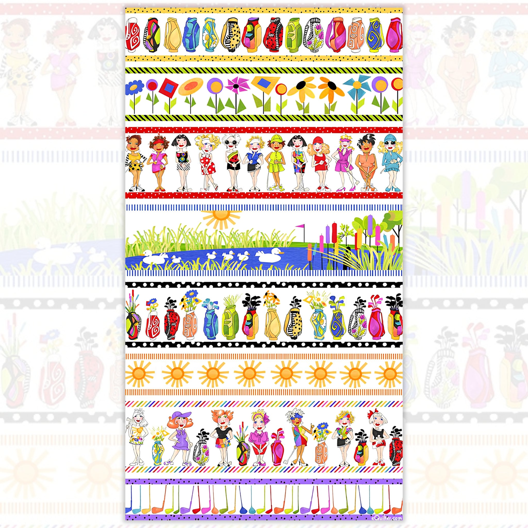 Novelty golf border stripe white with golf ladies bags course scenes and golf clubs fabric for golf quilts bags and golfer gifts Loralie Harris Design