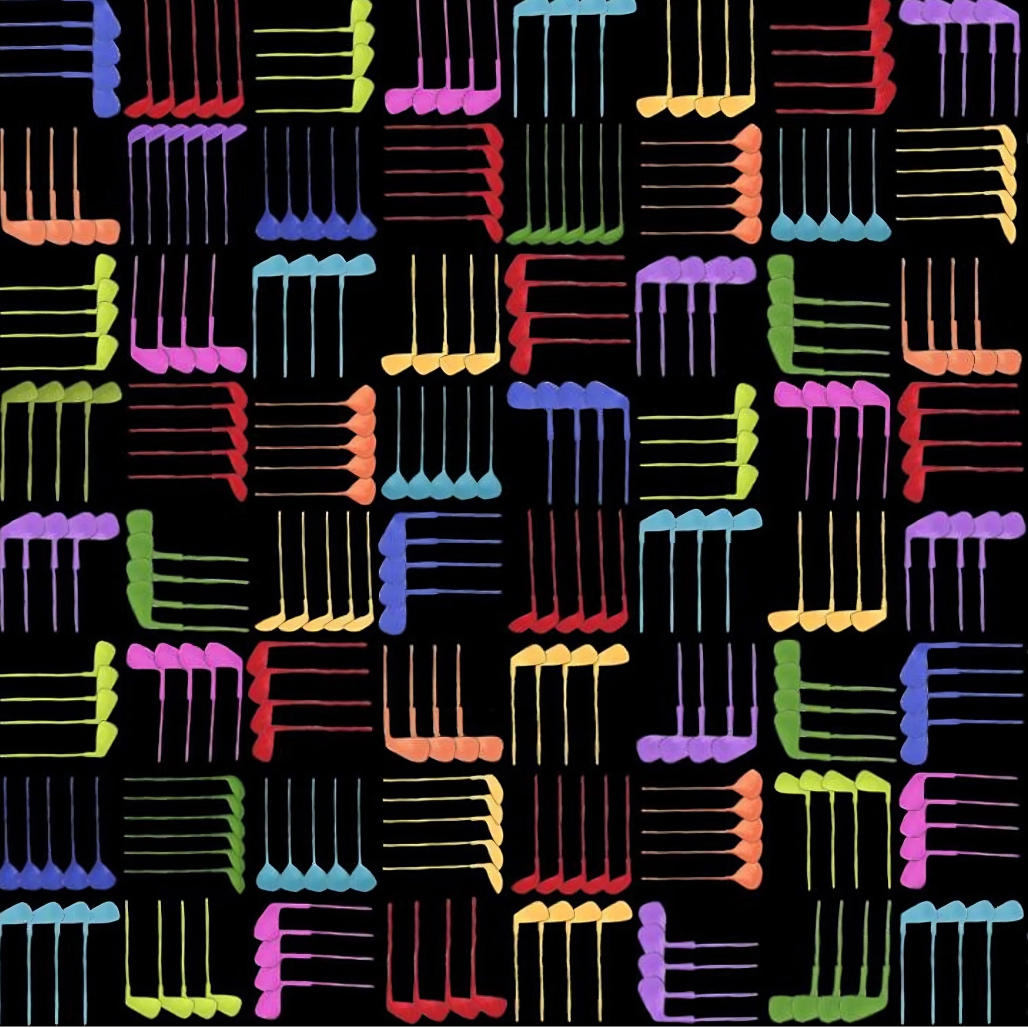 Novelty golf clubs woven geometric multi-colour black fabric for golf quilts bags accessories and golfer gifts Loralie Harris Designs