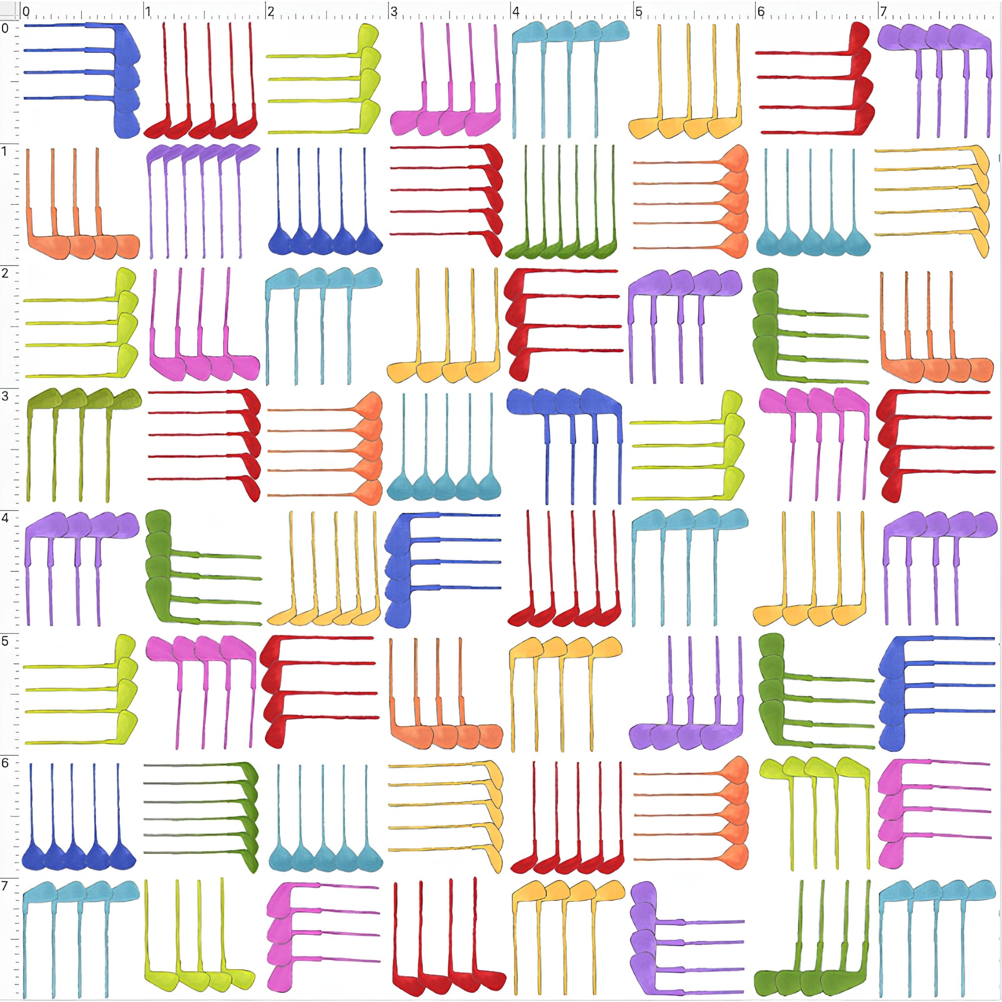 Novelty golf clubs woven geometric multi-colour white fabric for golf quilts bags accessories and golfer gifts Loralie Harris Designs