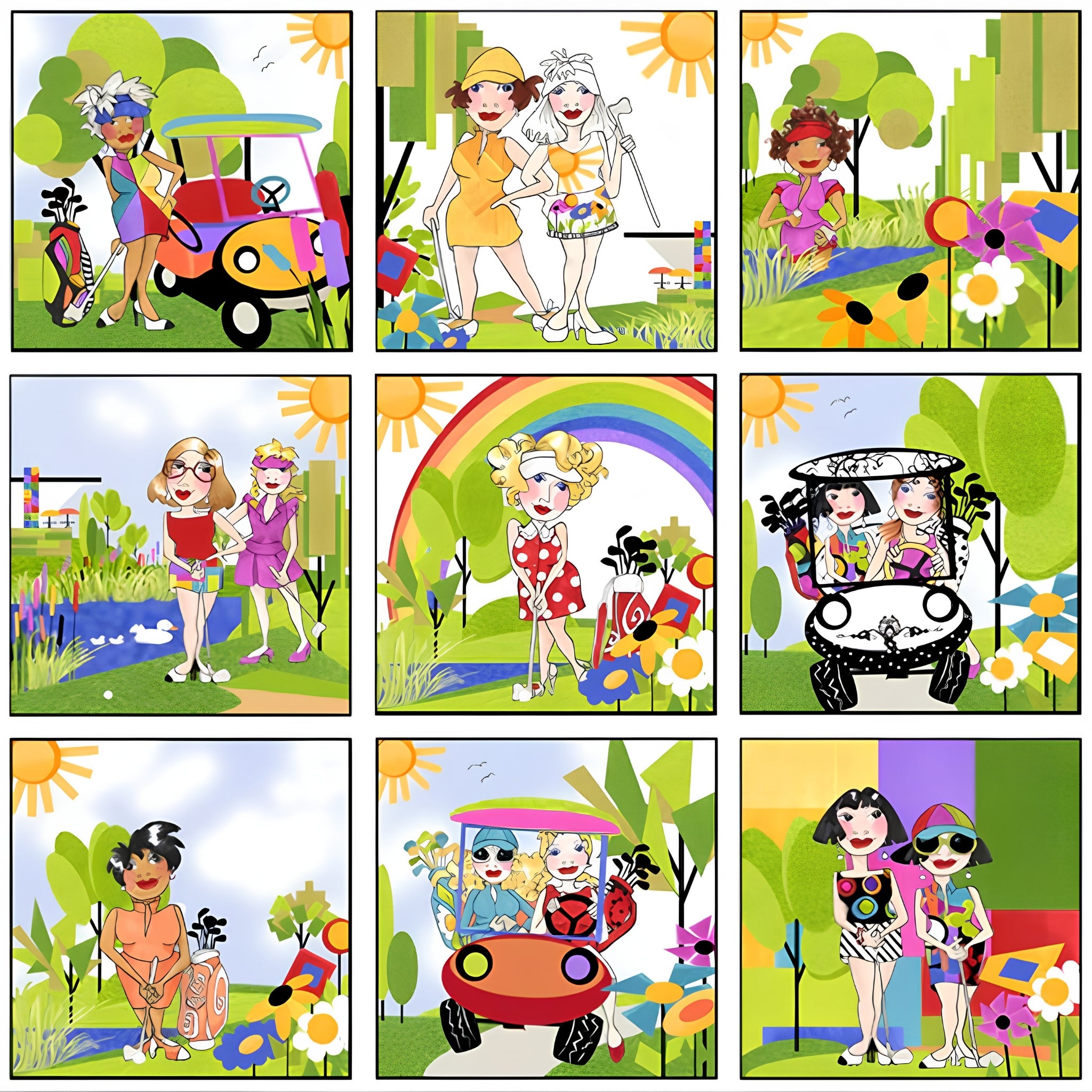 Novelty golf ladies panel multi-colour with golf carts rainbows sunshine and course scenes fabric for golf quilts cushions and golfer gifts Loralie Harris Designs