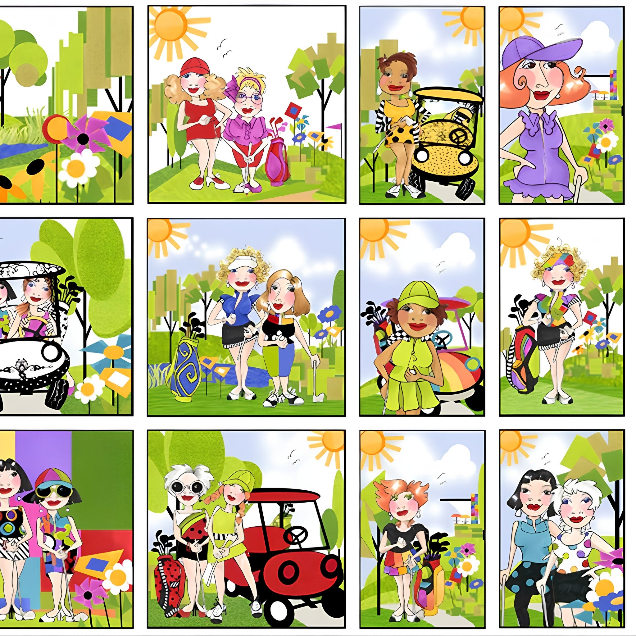 Novelty golf ladies panel multi-colour with golf carts rainbows sunshine and course scenes fabric for golf quilts cushions and golfer gifts Loralie Harris Designs