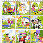 Novelty golf ladies panel multi-colour with golf carts rainbows sunshine and course scenes fabric for golf quilts cushions and golfer gifts Loralie Harris Designs