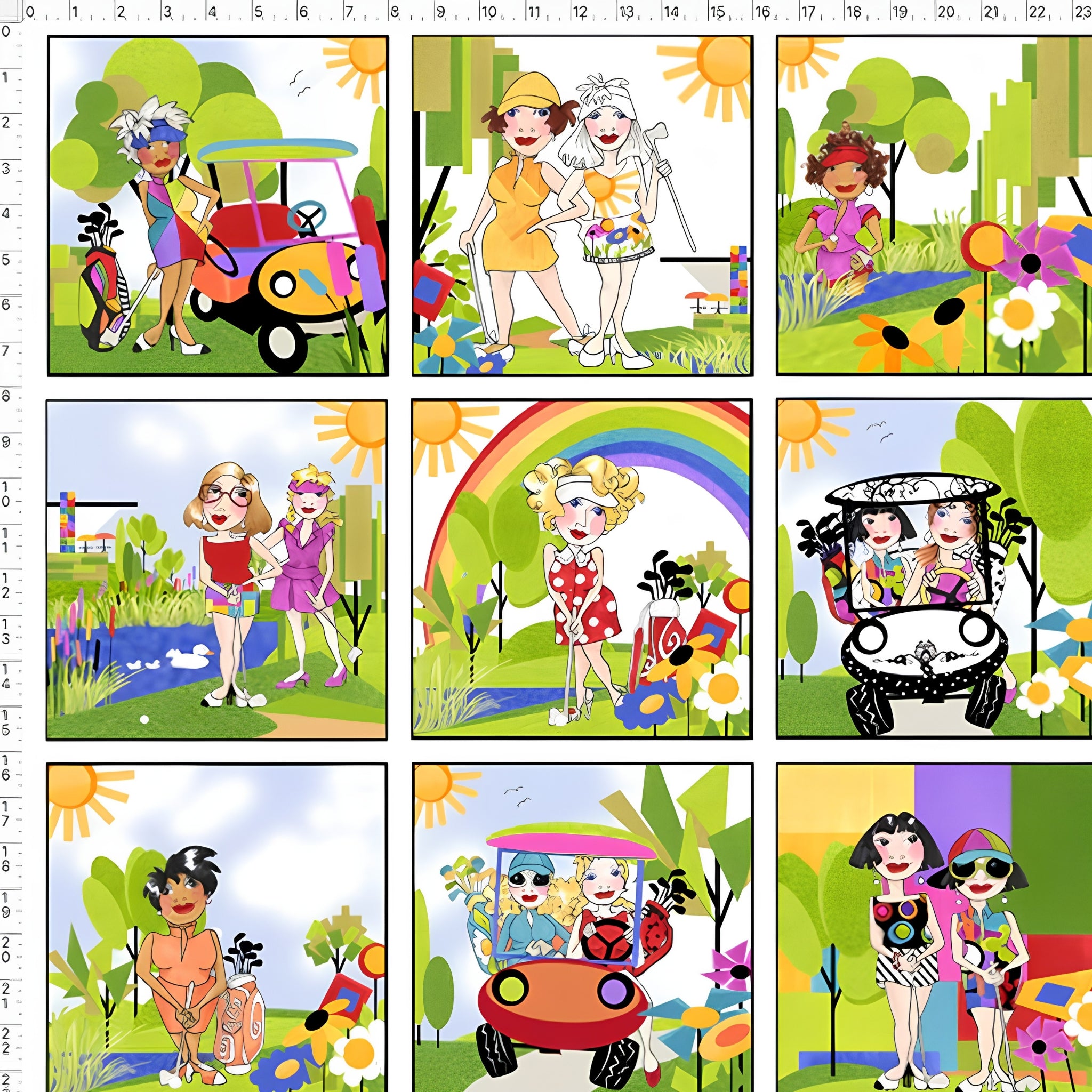 Novelty golf ladies panel multi-colour with golf carts rainbows sunshine and course scenes fabric for golf quilts cushions and golfer gifts Loralie Harris Designs