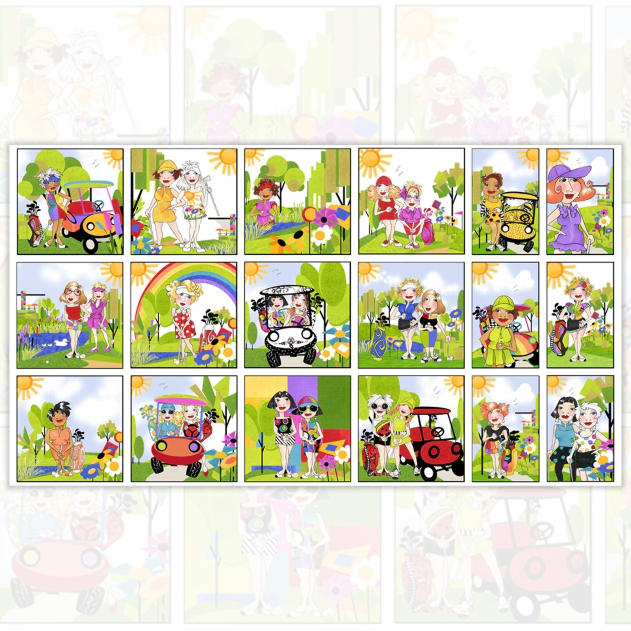 Novelty golf ladies panel multi-colour with golf carts rainbows sunshine and course scenes fabric for golf quilts cushions and golfer gifts Loralie Harris Designs