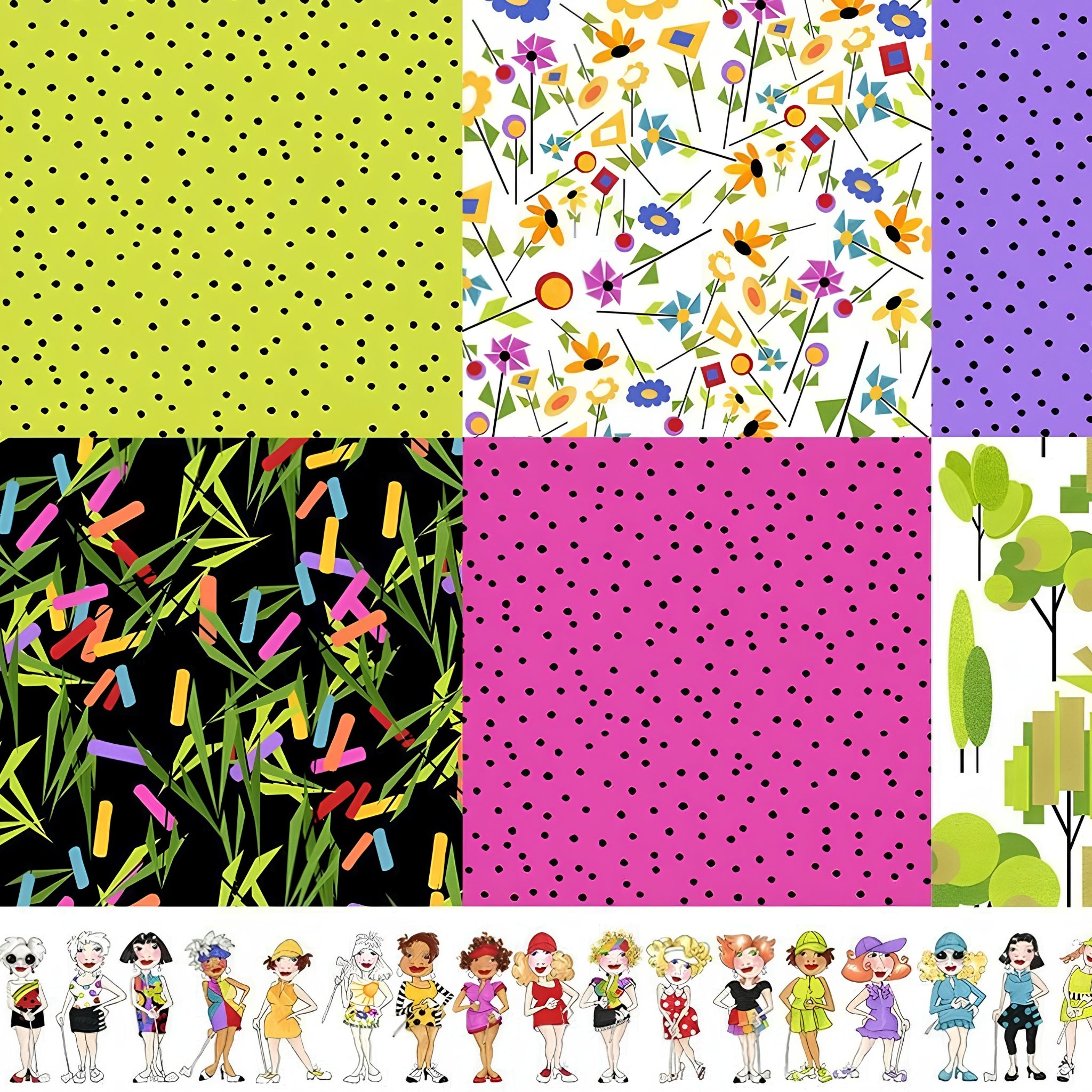 Novelty golf patch panel multi-colour with golf ladies border and coordinate prints fabric for golf quilts bags and golfer gifts Loralie Harris Designs