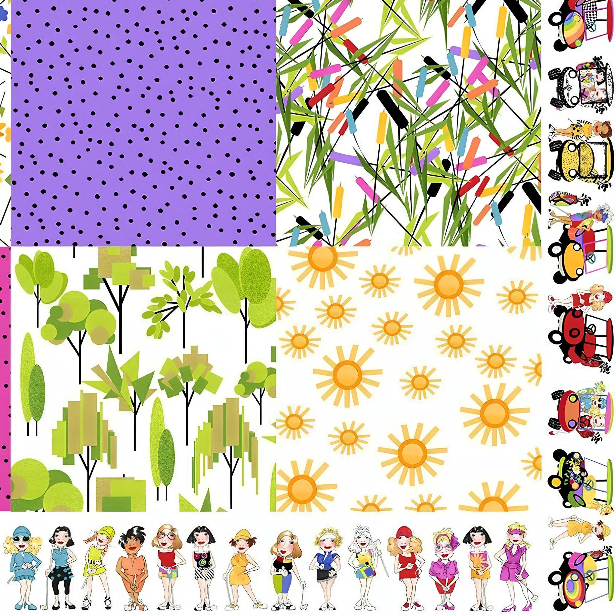 Novelty golf patch panel multi-colour with golf ladies border and coordinate prints fabric for golf quilts bags and golfer gifts Loralie Harris Designs