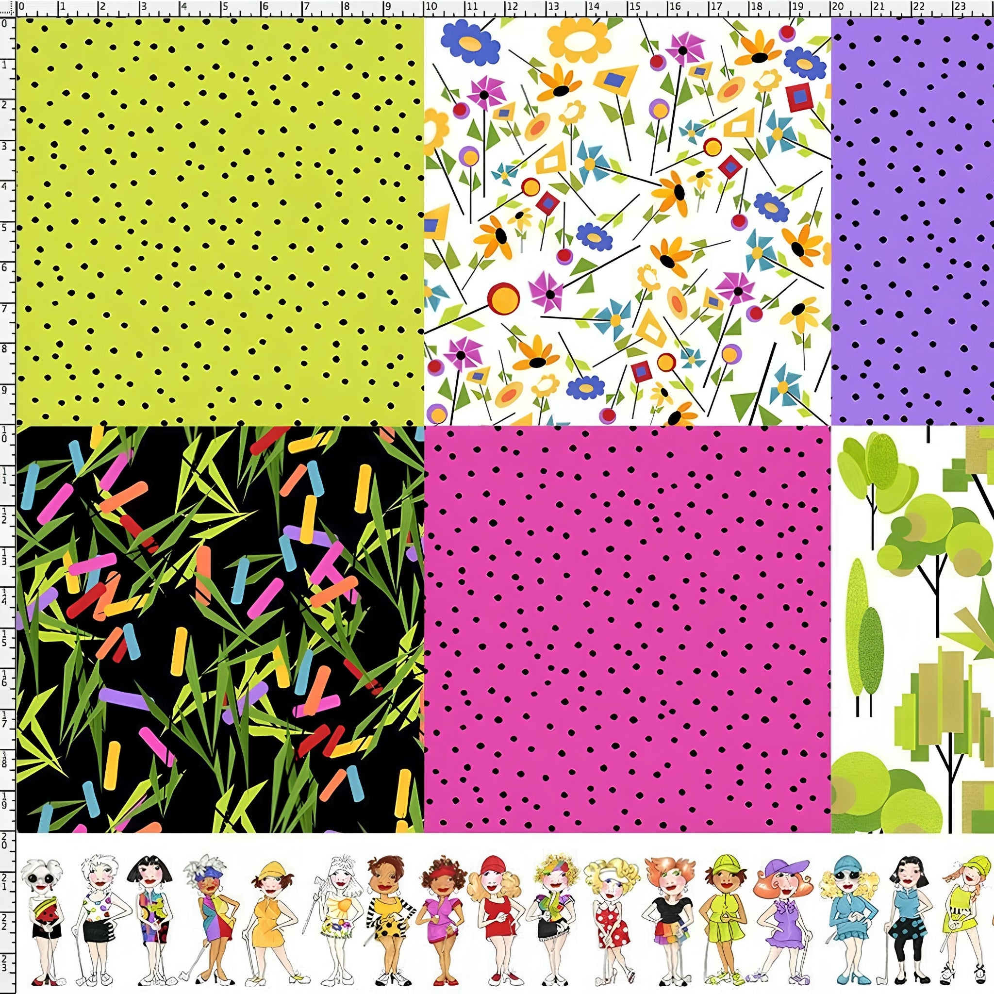 Novelty golf patch panel multi-colour with golf ladies border and coordinate prints fabric for golf quilts bags and golfer gifts Loralie Harris Designs