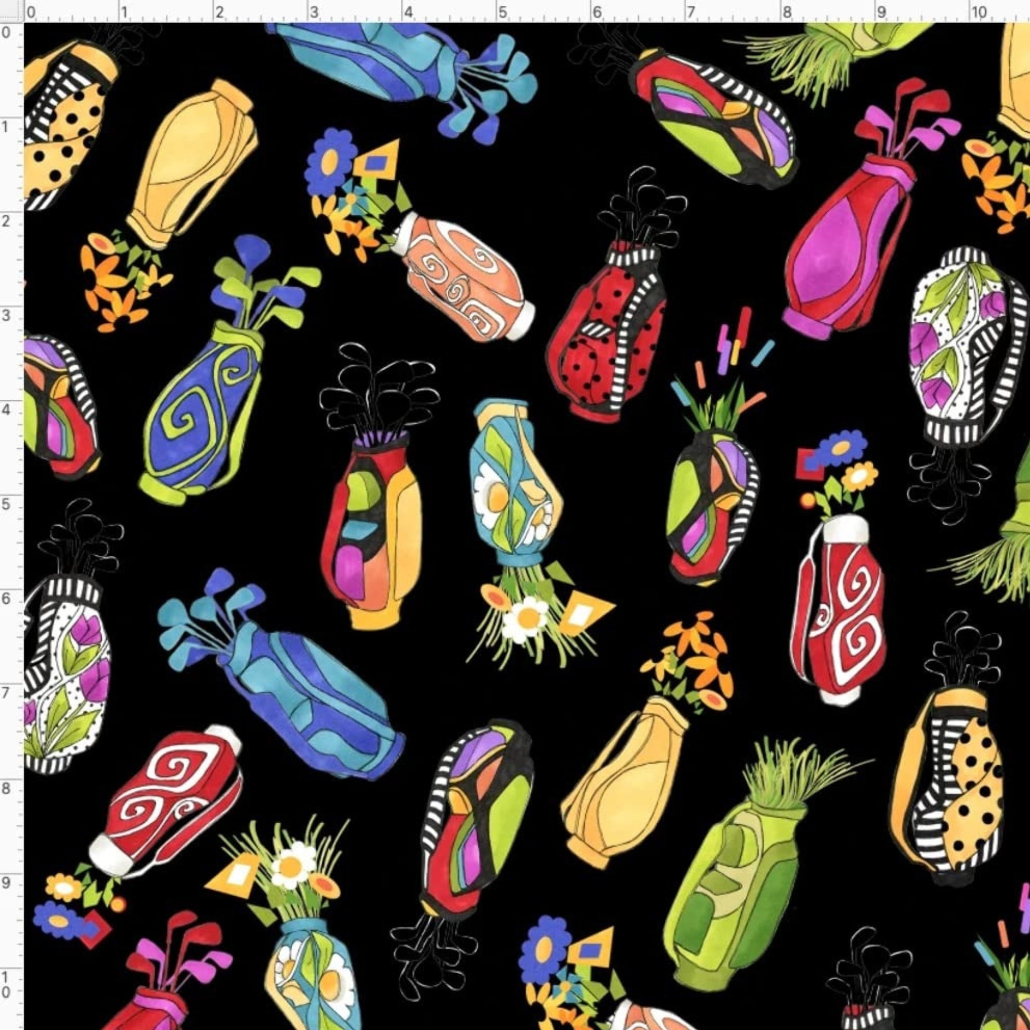 Novelty tossed golf bags multi-colour black fabric for golf quilts tote bags cushions and golfer gifts Loralie Harris Designs