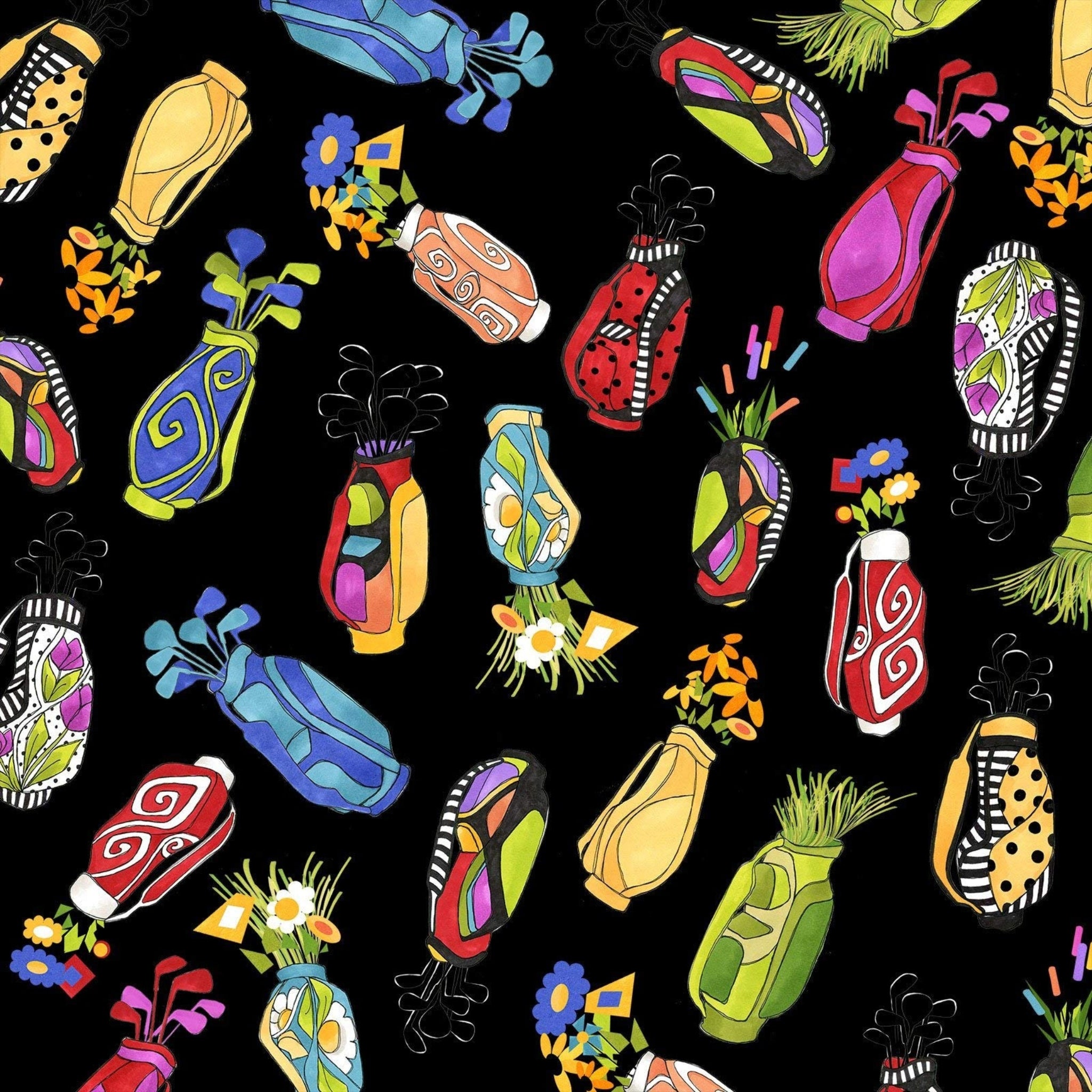 Novelty tossed golf bags multi-colour black fabric for golf quilts tote bags cushions and golfer gifts Loralie Harris Designs