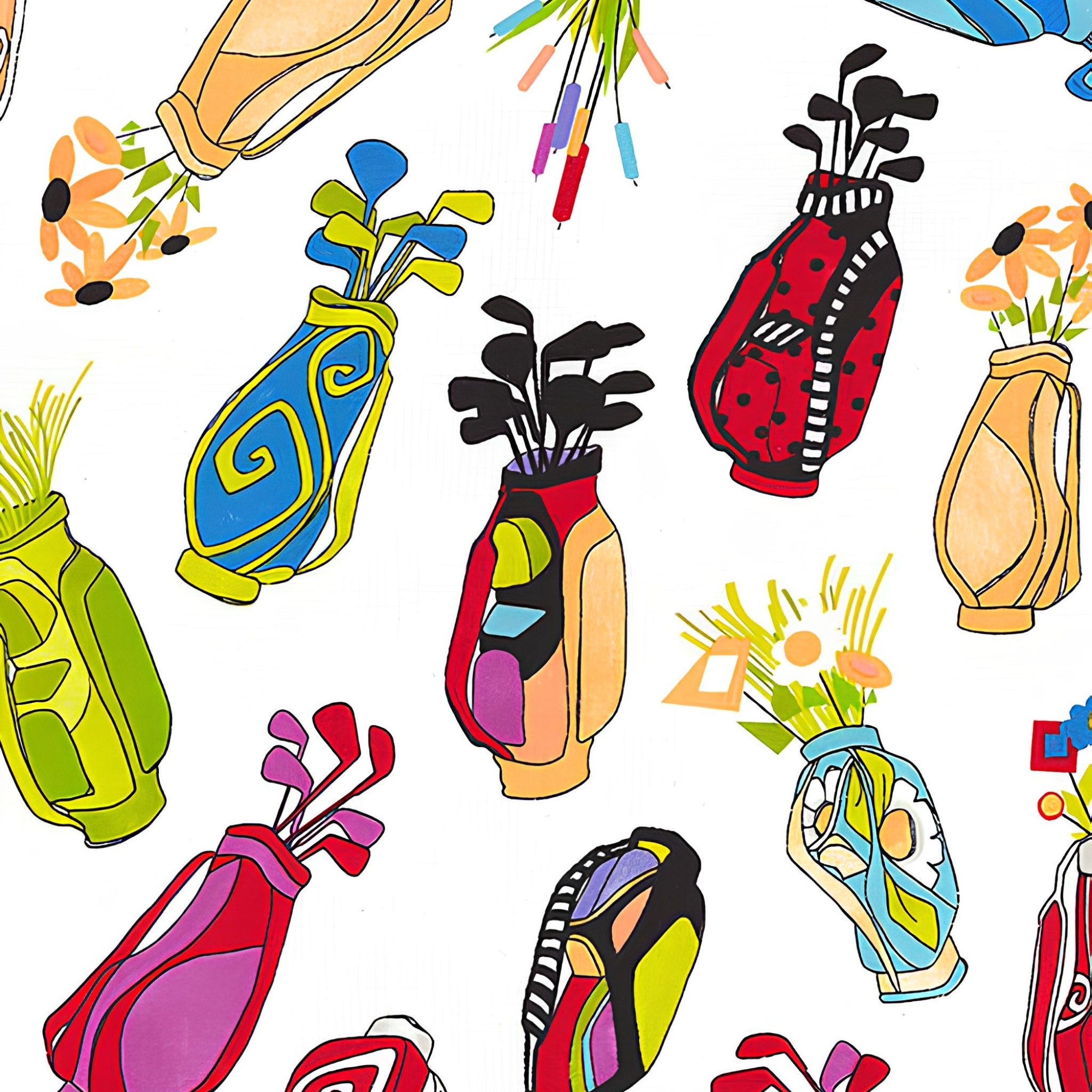 Novelty tossed golf bags multi-colour white fabric for golf quilts tote bags cushions and golfer gifts Loralie Harris Designs