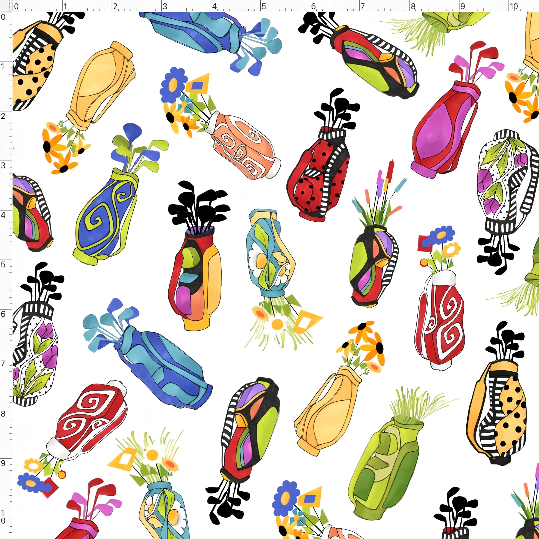 Novelty tossed golf bags multi-colour white fabric for golf quilts tote bags cushions and golfer gifts Loralie Harris Designs