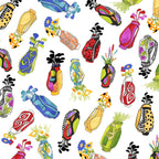 Novelty tossed golf bags multi-colour white fabric for golf quilts tote bags cushions and golfer gifts Loralie Harris Designs