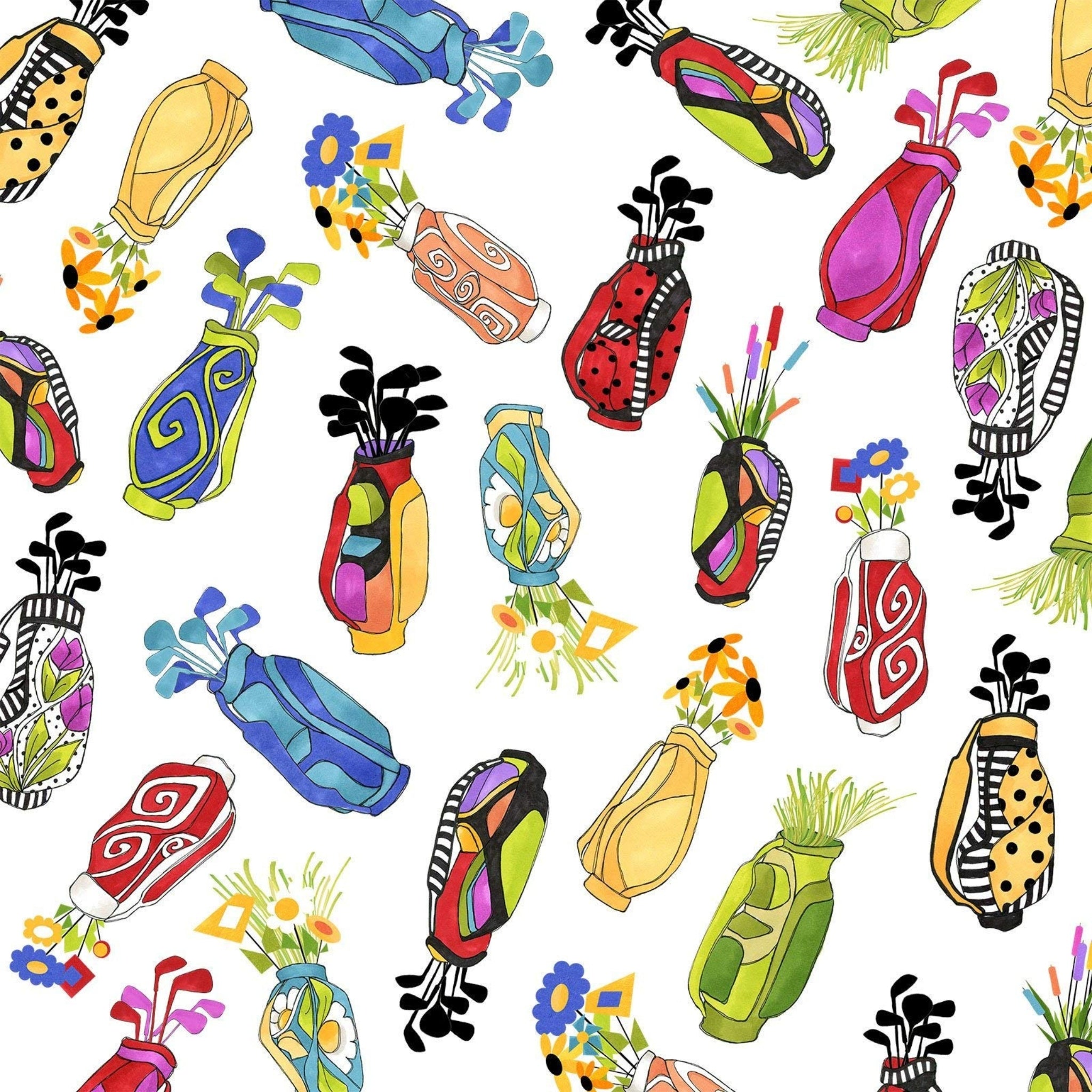 Novelty tossed golf bags multi-colour white fabric for golf quilts tote bags cushions and golfer gifts Loralie Harris Designs