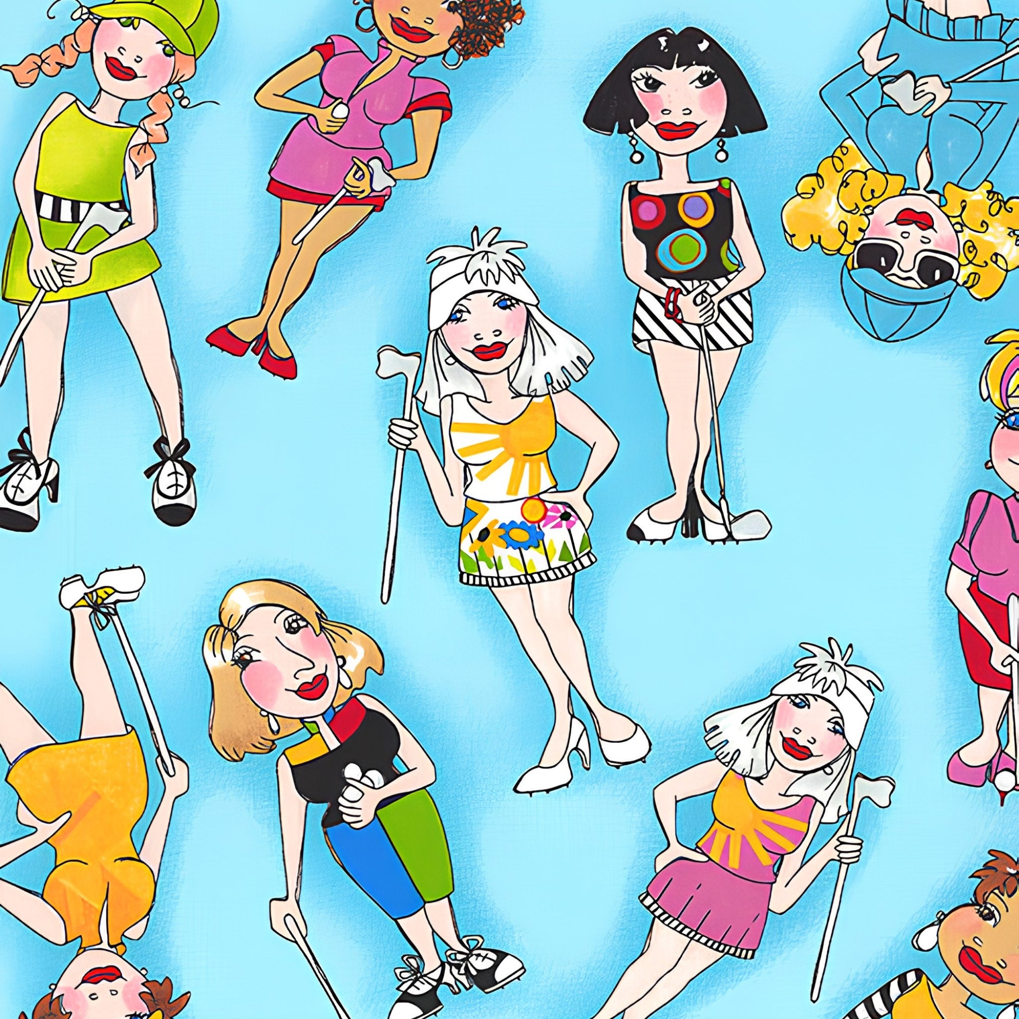 Novelty tossed golfer girls multi-colour turquoise fabric for golf quilts bags cushions and golfer gifts Loralie Harris Designs