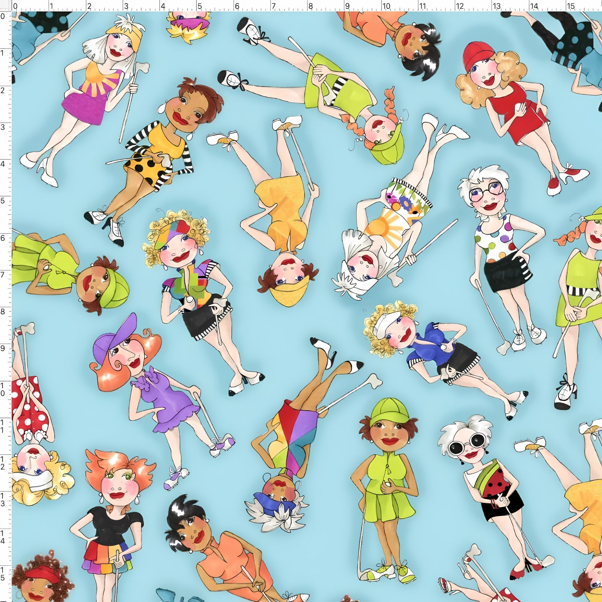 Novelty tossed golfer girls multi-colour turquoise fabric for golf quilts bags cushions and golfer gifts Loralie Harris Designs