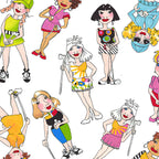Novelty tossed golfer girls multi-colour white fabric for golf quilts bags cushions and golfer gifts Loralie Harris Designs
