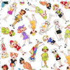 Novelty tossed golfer girls multi-colour white fabric for golf quilts bags cushions and golfer gifts Loralie Harris Designs