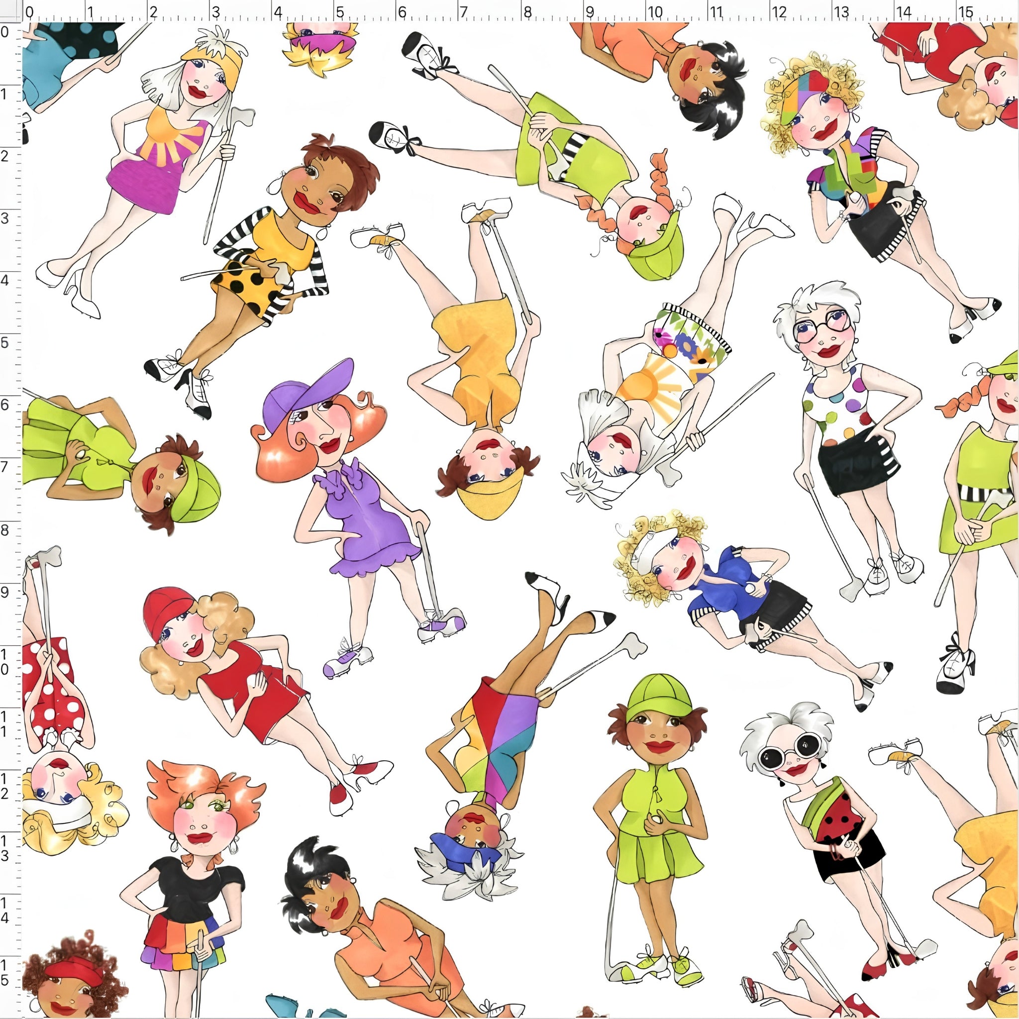 Novelty tossed golfer girls multi-colour white fabric for golf quilts bags cushions and golfer gifts Loralie Harris Designs