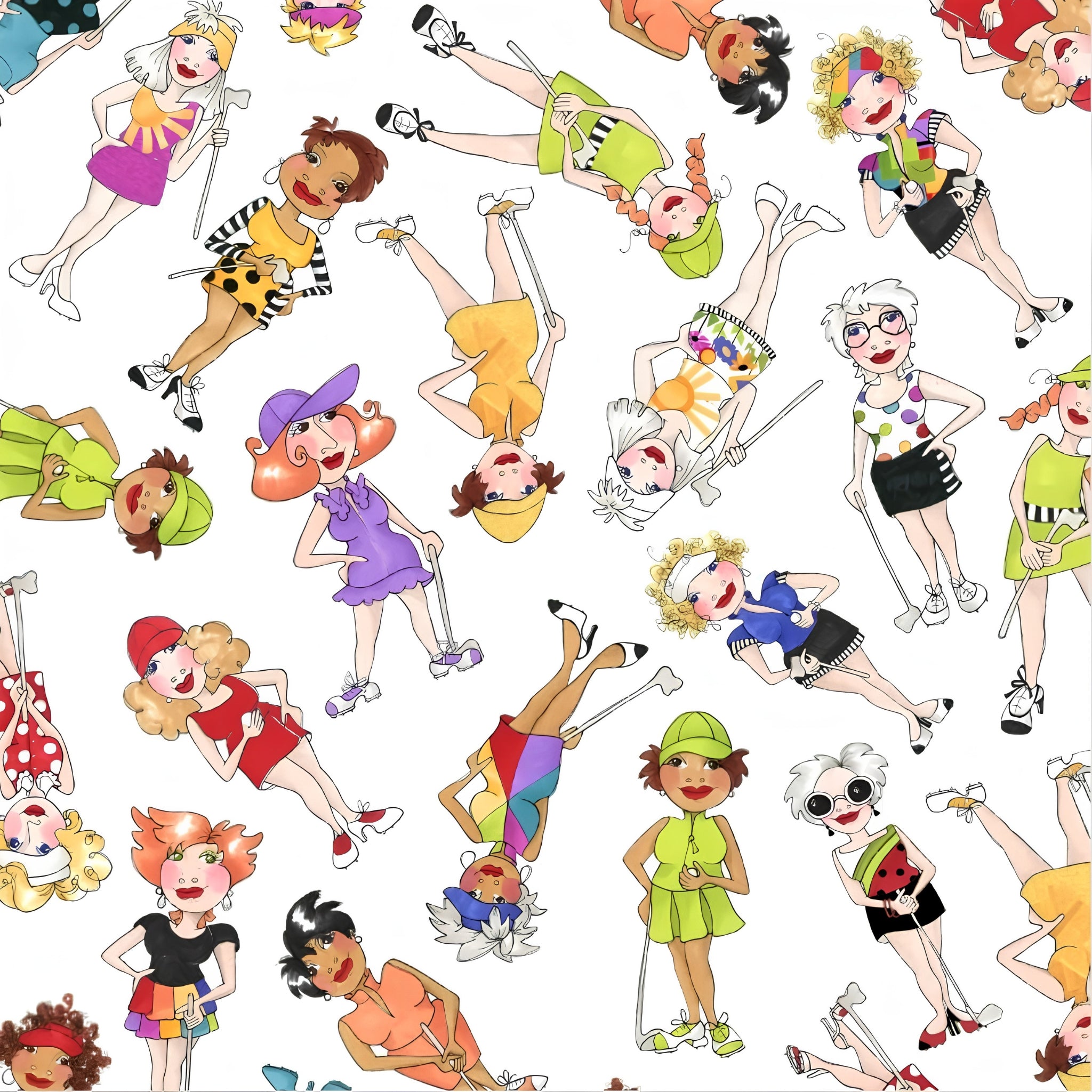 Novelty tossed golfer girls multi-colour white fabric for golf quilts bags cushions and golfer gifts Loralie Harris Designs