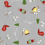 Camping toss grey fabric with campfires lanterns deck chairs pine trees novelty quilting fabric for travel quilts picnic blankets and outdoor projects