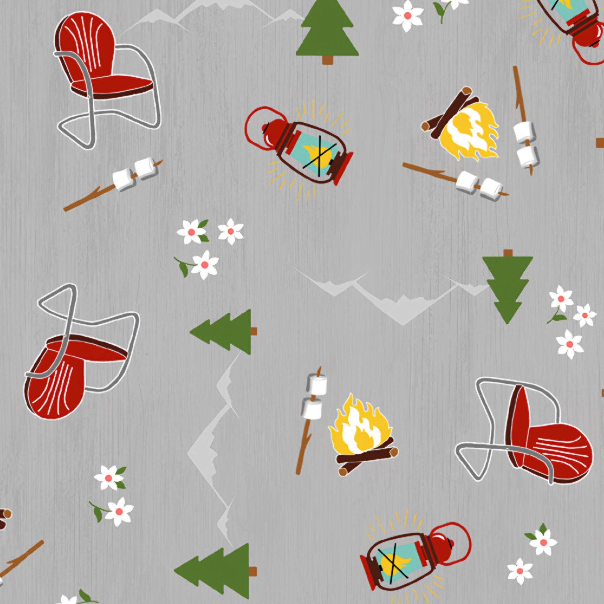 Camping toss grey fabric with campfires lanterns deck chairs pine trees novelty quilting fabric for travel quilts picnic blankets and outdoor projects