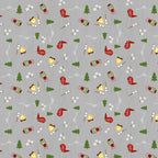 Camping toss grey fabric with campfires lanterns deck chairs pine trees novelty quilting fabric for travel quilts picnic blankets and outdoor projects