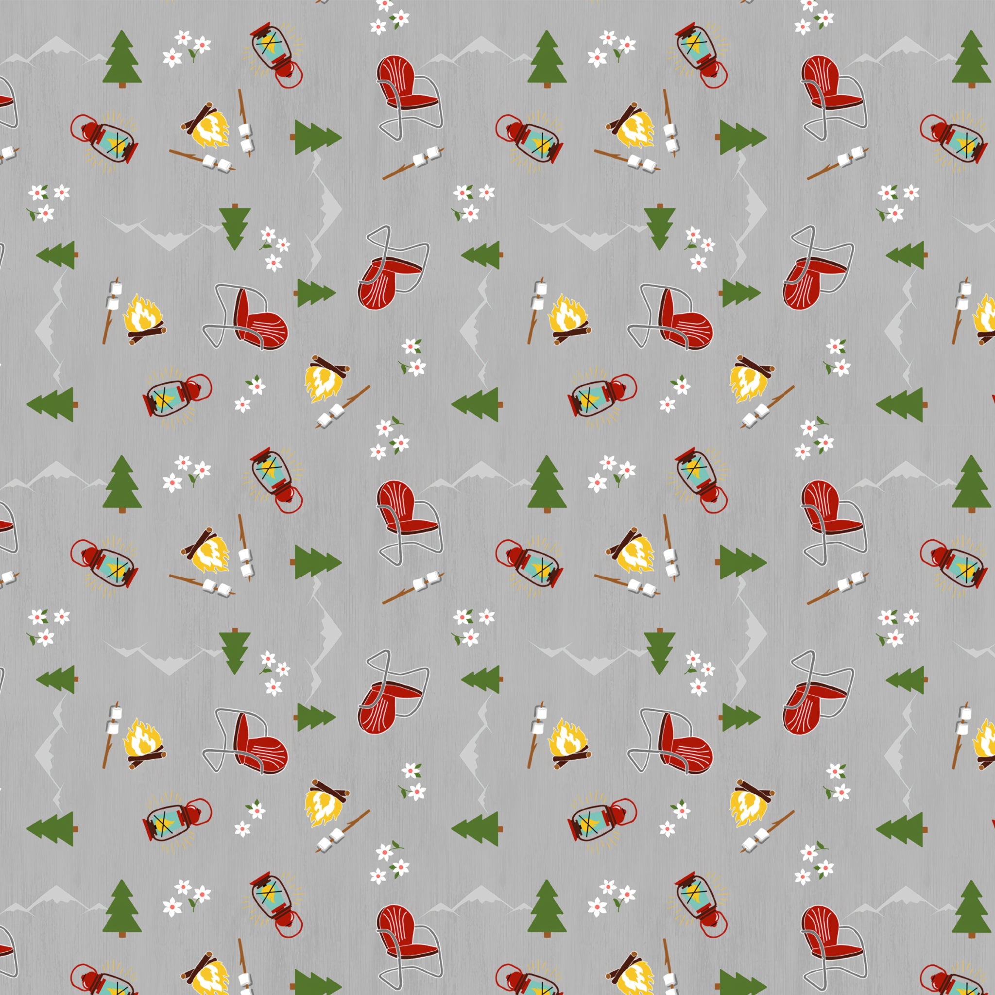 Camping toss grey fabric with campfires lanterns deck chairs pine trees novelty quilting fabric for travel quilts picnic blankets and outdoor projects