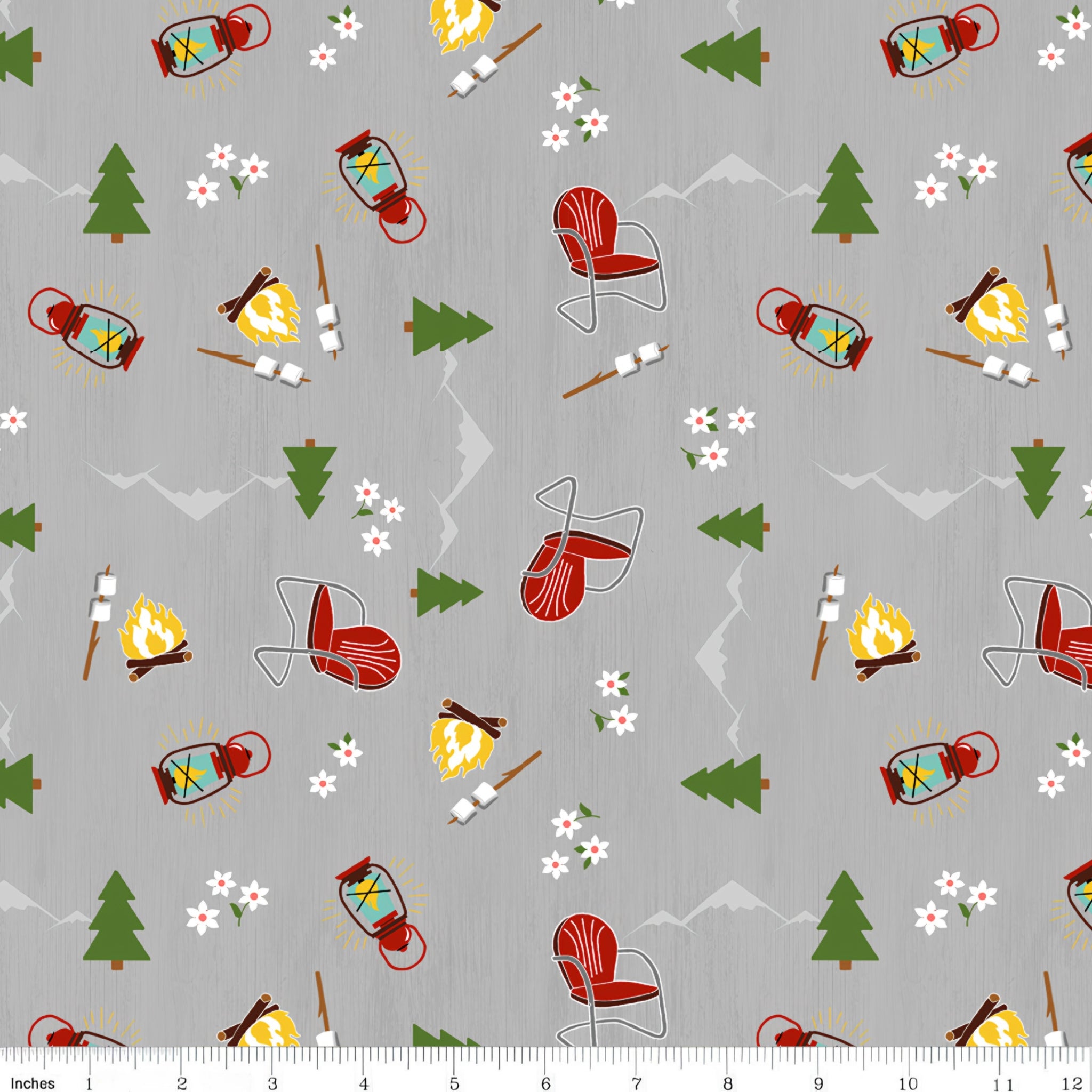 Camping toss grey fabric with campfires lanterns deck chairs pine trees novelty quilting fabric for travel quilts picnic blankets and outdoor projects