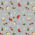 Camping toss grey fabric with campfires lanterns deck chairs pine trees novelty quilting fabric for travel quilts picnic blankets and outdoor projects