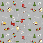 Camping toss grey fabric with campfires lanterns deck chairs pine trees novelty quilting fabric for travel quilts picnic blankets and outdoor projects