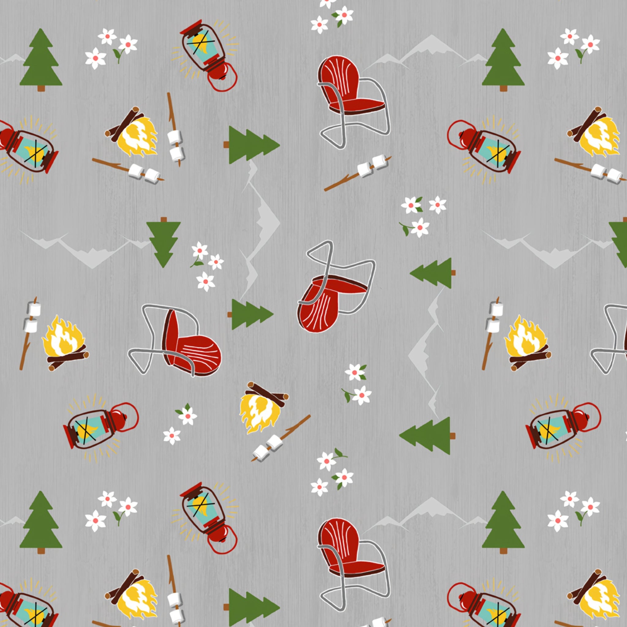 Camping toss grey fabric with campfires lanterns deck chairs pine trees novelty quilting fabric for travel quilts picnic blankets and outdoor projects