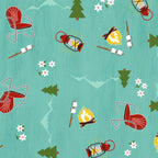 Camping toss teal fabric with campfires lanterns deck chairs pine trees novelty quilting fabric for travel quilts picnic blankets and outdoor projects
