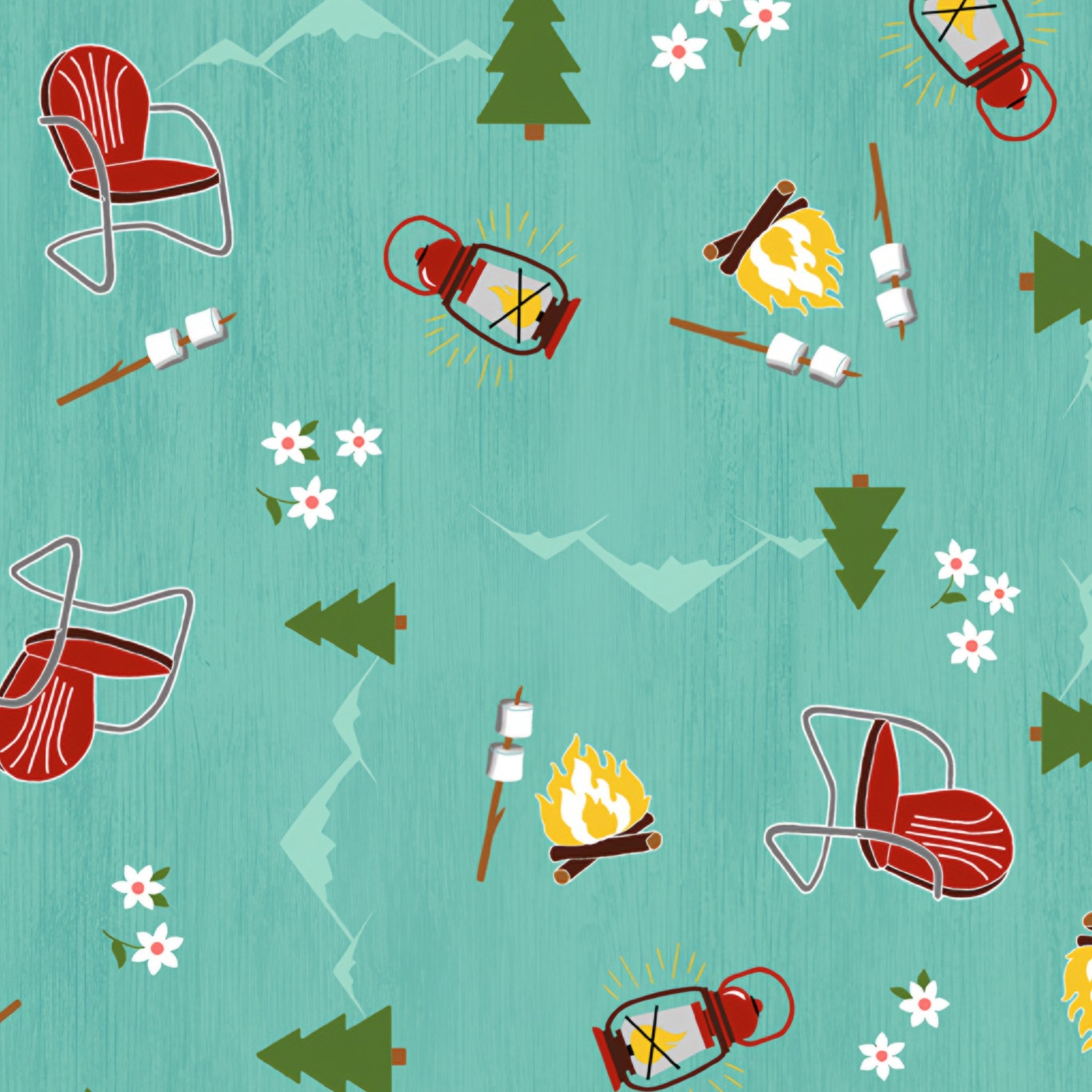 Camping toss teal fabric with campfires lanterns deck chairs pine trees novelty quilting fabric for travel quilts picnic blankets and outdoor projects