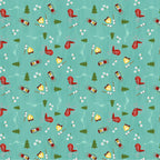 Camping toss teal fabric with campfires lanterns deck chairs pine trees novelty quilting fabric for travel quilts picnic blankets and outdoor projects
