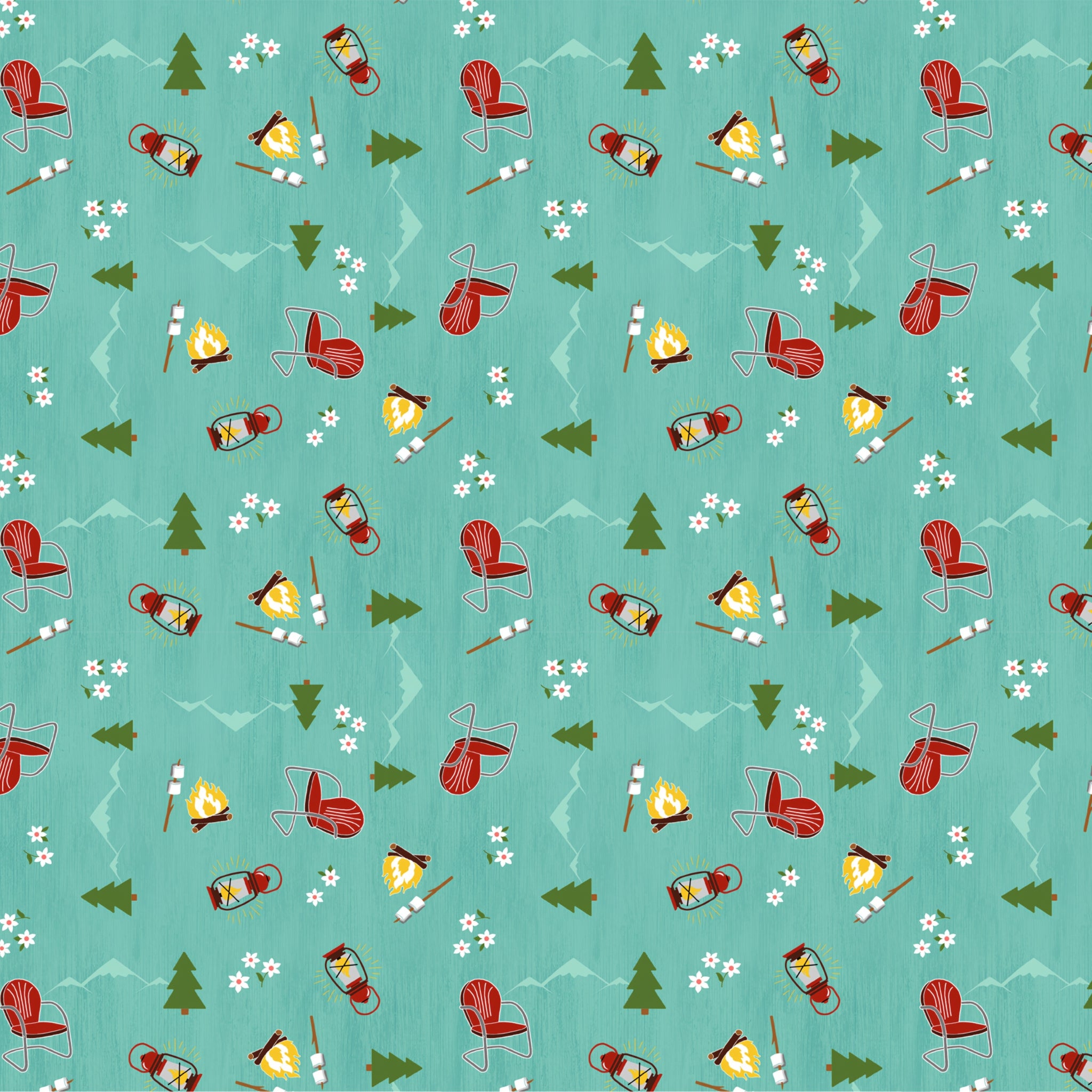 Camping toss teal fabric with campfires lanterns deck chairs pine trees novelty quilting fabric for travel quilts picnic blankets and outdoor projects